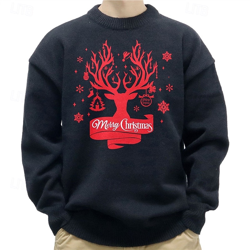 Christmas Men's Elk Christmas Bell Snowflake Pullover Sweater Jumper Knitwear Crewneck Casual Vacation Home Street 3D Print Knitting Keep Warm Long Sleeve Spring Fall Winter Black White Red3