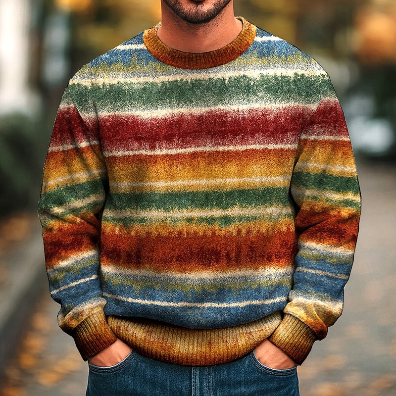 Men's Horizontal Stripes Pullover Sweater Jumper Knitwear Crewneck Casual Vacation Street Daily 3D Print Knitting Keep Warm Long Sleeve Spring Fall Winter Blue Brown Green
