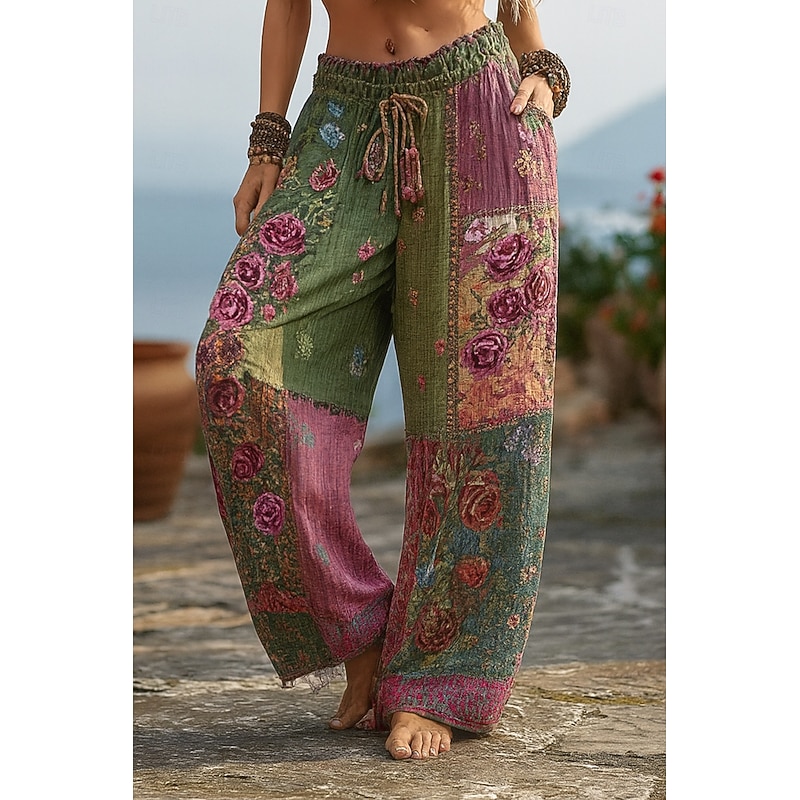 Women's Culottes Wide Leg Wide Leg Chinos Vacation Vintage Ethnic Style Full Length High Waist Floral Graphic Drawstring Patchwork Printing Quick Dry Breathability Soft Inelastic Formal Outdoor2