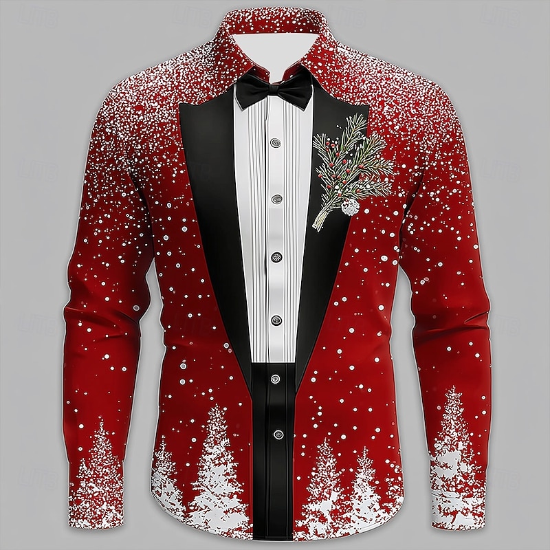 Christmas Men's Christmas Costume Suit Tie Printed Tuxedo Shirt Button Up Shirt Long Sleeve Funny Outdoor Holiday Spring Fall Turndown 3D Print Collared Shirts Red 1 Red