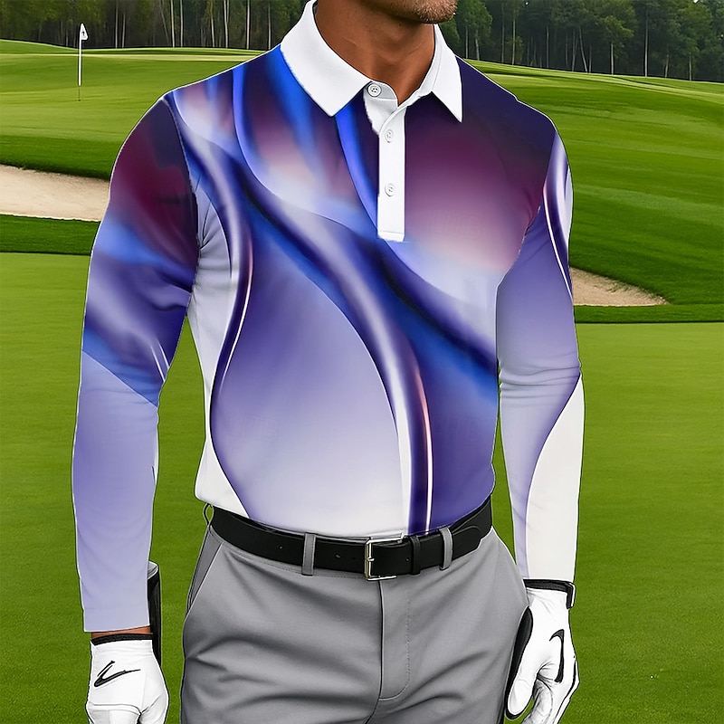 Men's Geometic Golf Polo Long Sleeve Polo Shirts Lapel Casual Outdoor Athleisure Daily Wear 3D Print Buttons Spring Fall Winter Dark Pink Blue Green2