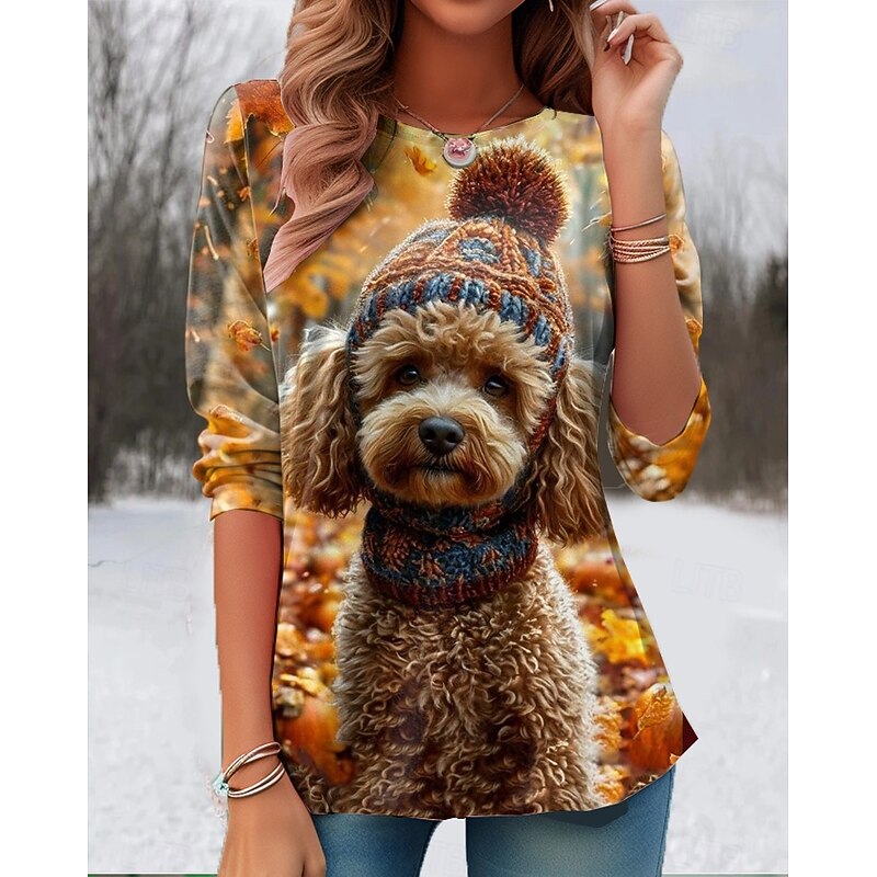 Halloween Women's T Shirt Graphic Animal Cat Vintage Cute Stylish Long Sleeve Crew Neck Round Neck Regular Tops Daily Print Black Light Brown Orange Summer Spring Fall2