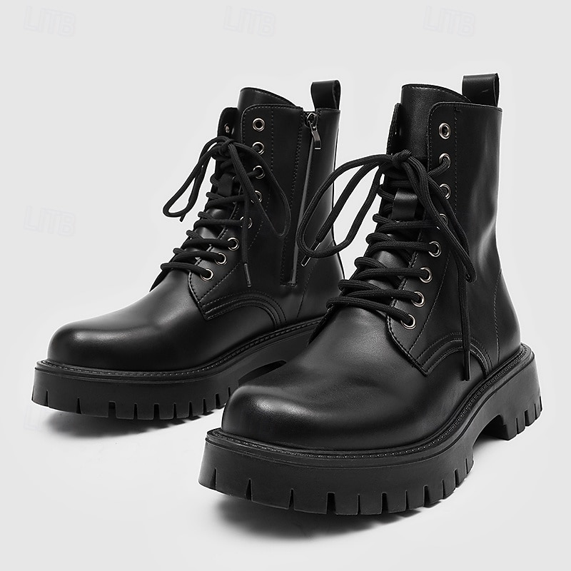 Black Faux Leather Men's High-Top Boots with Winged Pattern, Lace-Up Closure, and Rugged Sole – Ideal for Harley Riders, Punk Style Enthusiasts, Casual Outings and Everyday Wear3