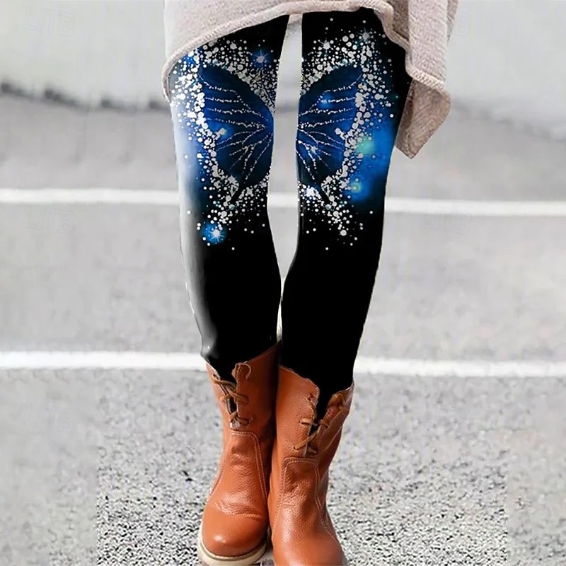Women's Leggings Vacation Vintage Ethnic Style Full Length High Waist Graphic Butterfly 3D Print Quick Dry Breathability Soft Stretchy Outdoor Home Causal Blue Purple Orange Fall Skinny - Main Image