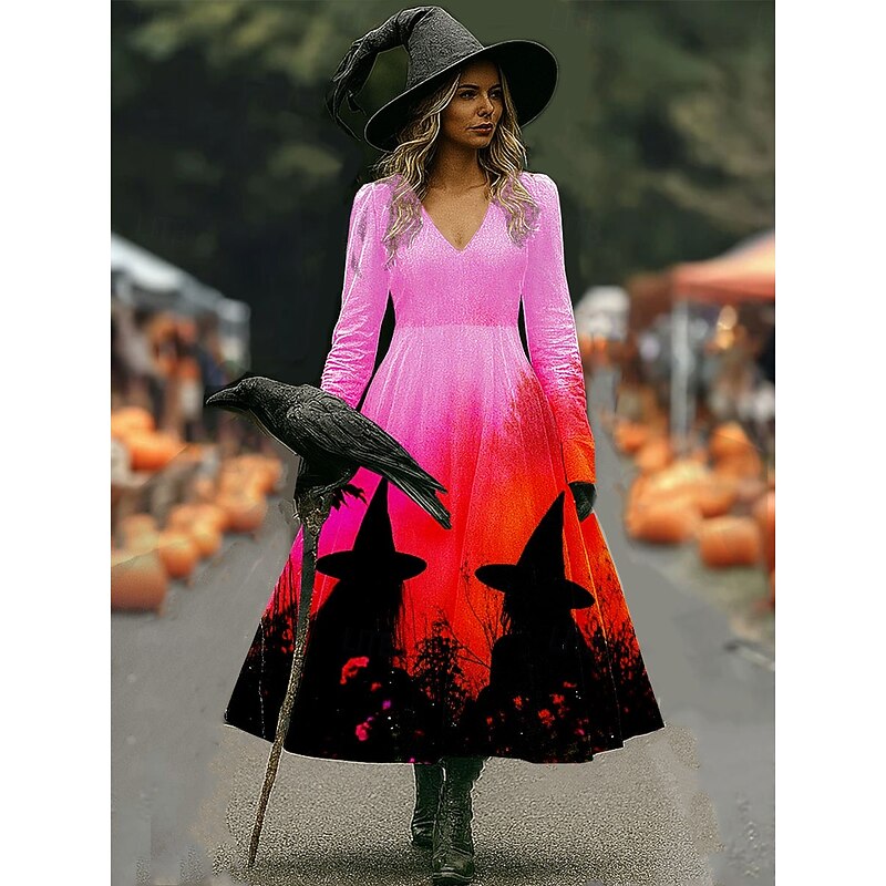 Halloween Women's Witch Print Midi Dress A Line Dress Vacation Casual Wedding Party Birthday Regular Fit Floral Graphic Rose 3/4 Length Sleeve V Neck Yellow Pink Blue Orange Spring Fall2