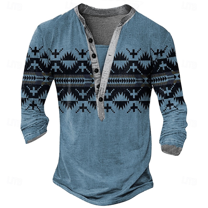 Men's Print Ethnic T Shirt Henley Shirt Long Sleeve Designer Retro Vintage Casual Street Casual Daily Summer Spring Fall Green Light Gray Blue Brown Henley Henley T-Shirt2