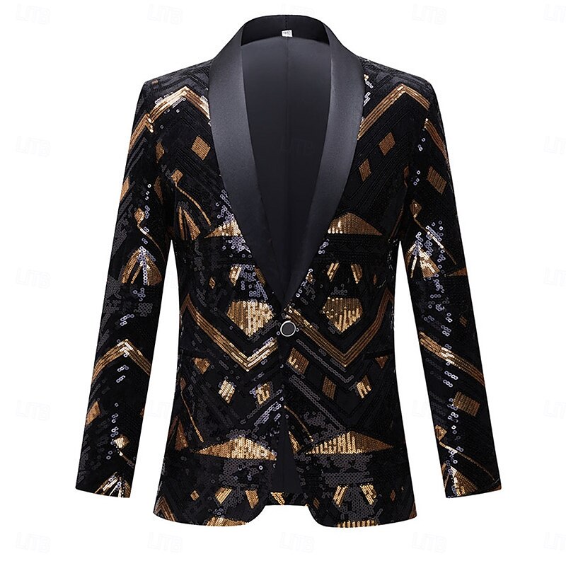 Men's Blazer Jacket Shawl Collar Fashion Geometric Blazer Black / Gold Slim Fit Single Breasted One-button - Main Image