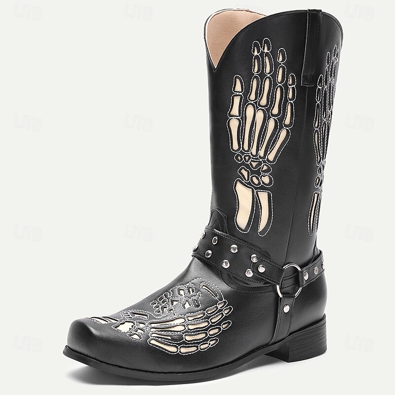 Men's Black Western Cowboy Boots with Skeleton Bone Embroidery – Gothic Rock Style Tall Boots for Halloween Parties, Cosplay, Nightlife Stage Performances and Festival Wear3