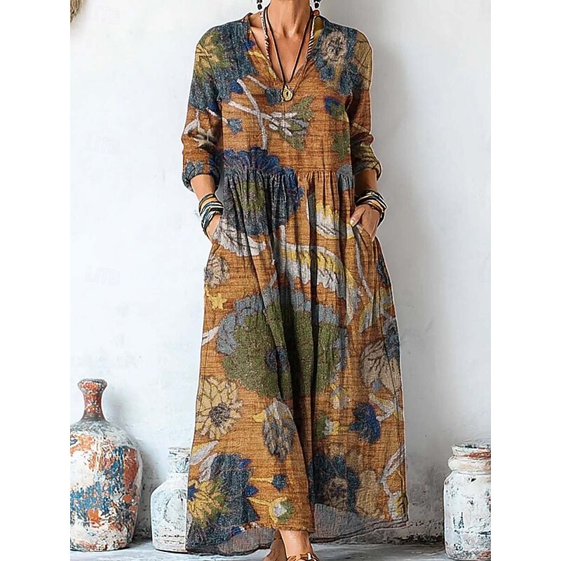Women's Maxi Dress Sundress Pleated Dress Vacation Casual Boho Going out Beach Graphic Paisley Long Sleeve V Neck Purple Brown Green Gray Spring Fall Winter Autumn