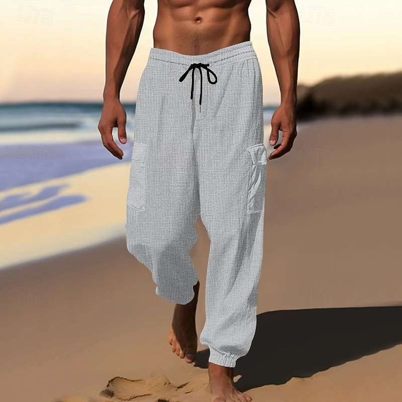 Men's Cargo Sweatpants Sweatpants Waffle Pants Drawstring Plaid Breathable Full Length Daily Casual / Sporty White 1 Black 1# Micro-elastic4