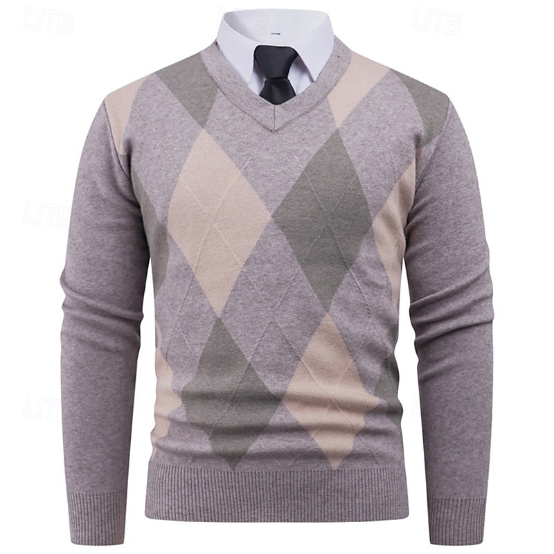 Men's Pullover Sweater Jumper Knit Sweater Ribbed Knit Regular Tops Knitted Plaid V Neck Fashion Basic Vacation Daily Wear Clothing Apparel Spring Fall Navy Blue Khaki S M L2