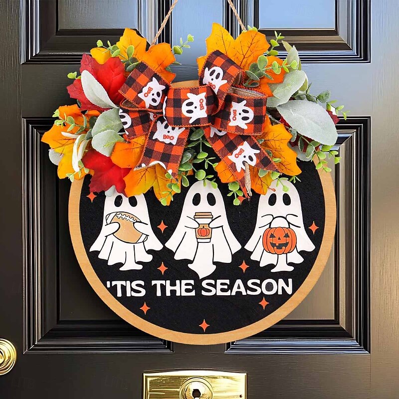 Halloween Cute Ghost Door Sign BOO, Autumn Faux Flower Wreath, Home Hanging Decor, Halloween Party Decoration, Ghost Wooden Plaque Craft, Seasonal Door Ornament