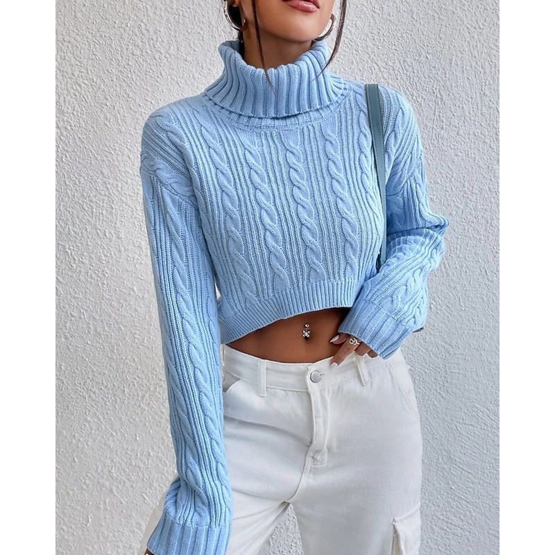 Women's Sweater Pullover Fashion Casual Pure Color Ribbed Turtleneck Knitted Long Sleeve Crop Tops Knit Outdoor Daily Weekend Blue Fall Winter