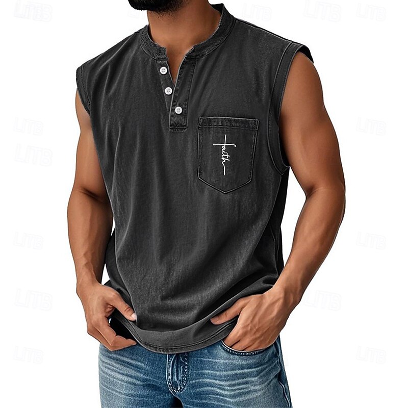 Men's Vest Top Undershirt Sleeveless Shirt Sleeveless Henley All Seasons Faith Fashion Designer Pocket Vacation Street Going out Black Pink Dark Navy Top Tee for Men