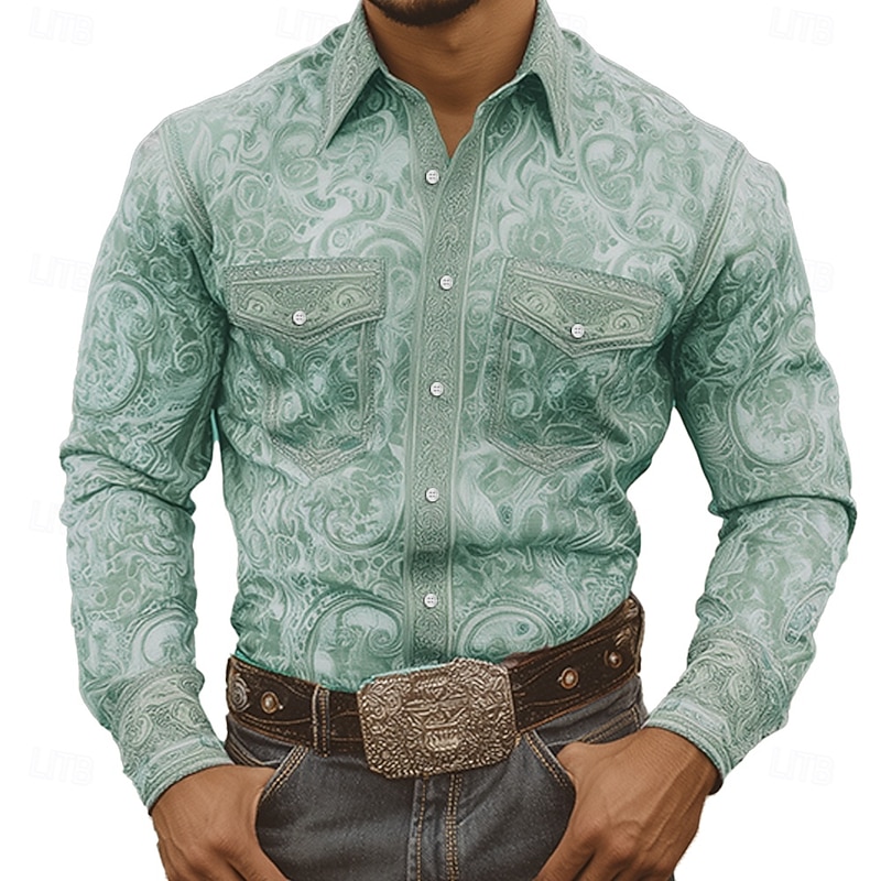 Men's Intricate Floral Flowers Shirt Western Shirt Cowboy Shirt Long Sleeve Vintage Retro Outdoor Casual WorkWear Spring Fall Turndown Front Two Pockets Linen Like Shirt Button Up Shirts Blue Light4