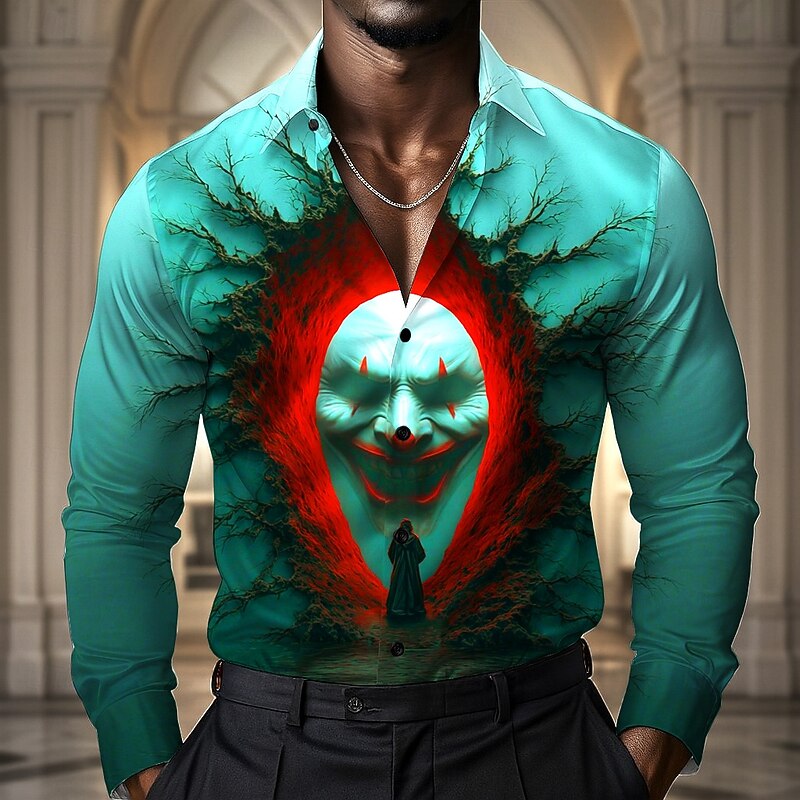 Halloween Men's Creepy Clown Joker Shirt Satin Shirt Dress Shirt Long Sleeve Dark Gothic Style Outdoor Holiday Summer Spring Fall Turndown 3D Print Button Up Shirts White Green4