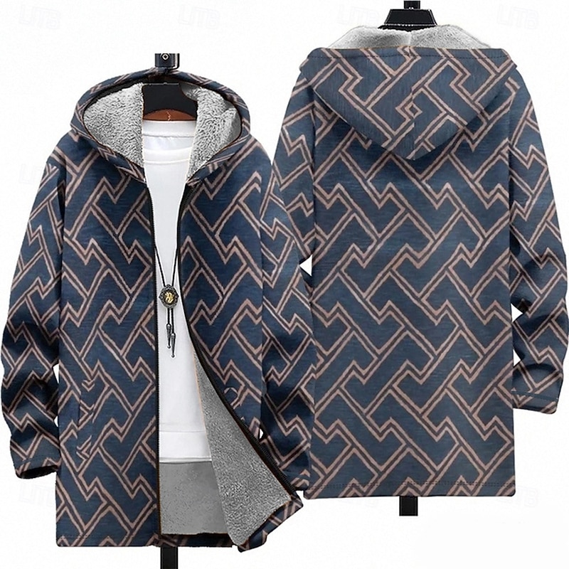 Men Geometic Winter Coat Fleece Jacket Coat Thermal Warm Comfortable Casual Daily Wear Zipper Pocket 3D Print Fall Winter Hooded Long Sleeve Purple Green Dark Blue4