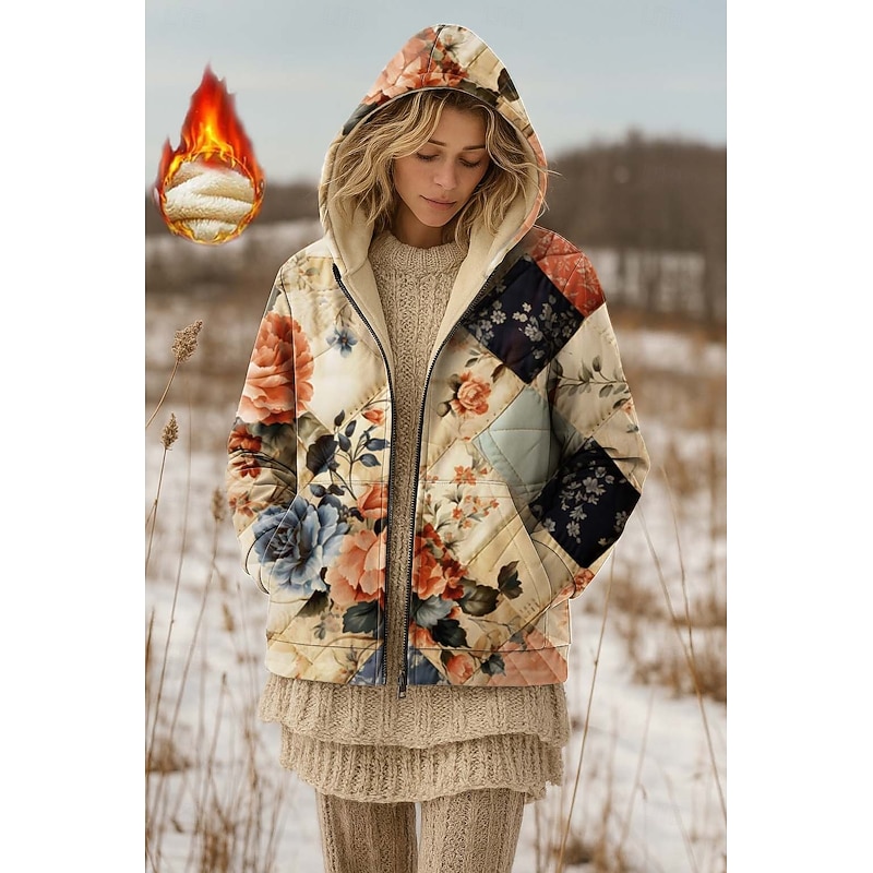 Women's Zip Up Hoodies Floral Graphic Paisley Warm Active Vintage Long Sleeve Hooded Regular Tops Home Party Evening Wear Dailywear Zip Up Patchwork Zipper Pink Green Spring Fall Winter2