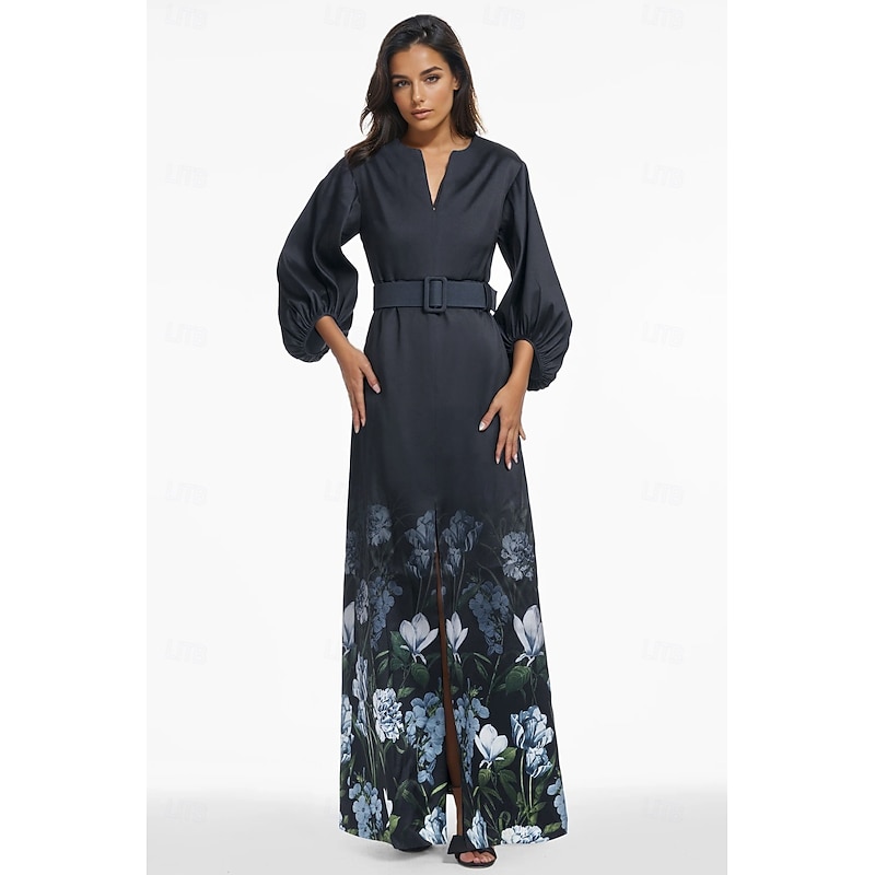 A-Line Mother of the Bride Evening Gown Elegant Dress Formal Wedding Floor Length Short Sleeve V Neck Pocket Satin with Floral Print