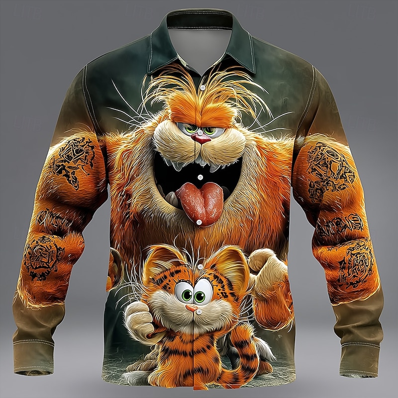 Men's Animal Tiger 3D Cartoon Shirt Button Up Shirt Long Sleeve Funny Outdoor Casual Holiday Spring Fall Turndown 3D Print Collared Shirts Dark Green