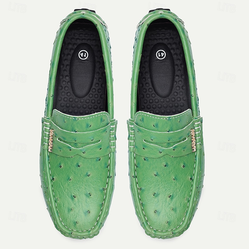 Men's Green Ostrich Print Moccasins – Stylish Faux Ostrich Leather Slip-On Shoes, Comfortable Daily Footwear for Casual Outings and Summer Wear4