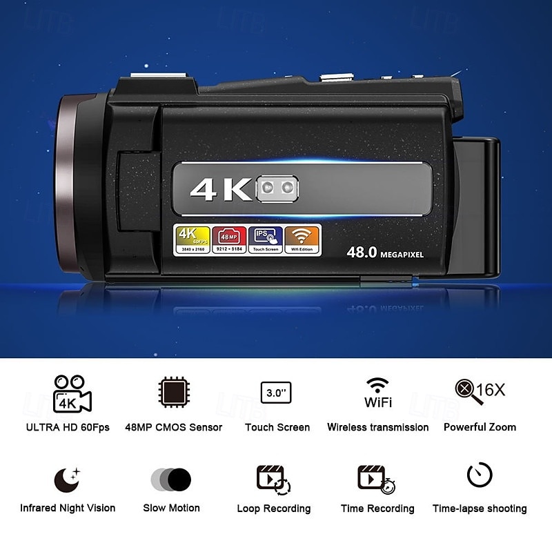 HD 4K handheld DV camcorder for recording VLOGs on the go with WiFi mobile connectivity remote control and a 180-degree rotating screen for selfies.2