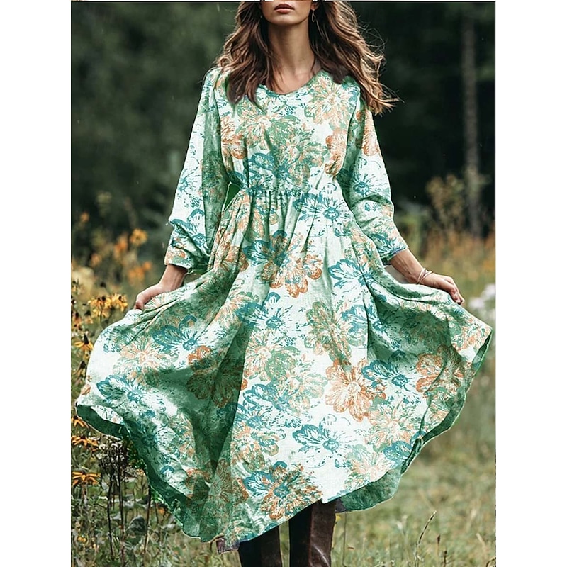 Women's Midi Dress A Line Dress Vacation Casual Boho Daily Beach Loose Fit Floral Graphic Paisley Long Sleeve V Neck Pink Blue Purple Green Spring Fall Winter Autumn2