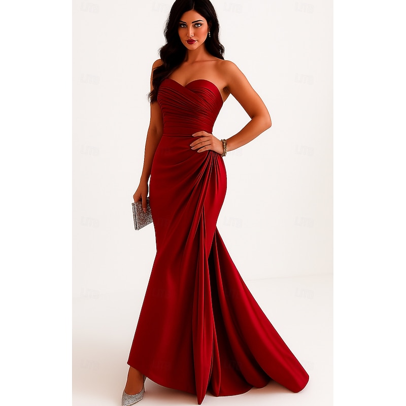Red Black Mermaid / Trumpet Evening Gown Elegant Dress Formal Wedding Floor Length Sleeveless Strapless Stretch Satin with Ruffles