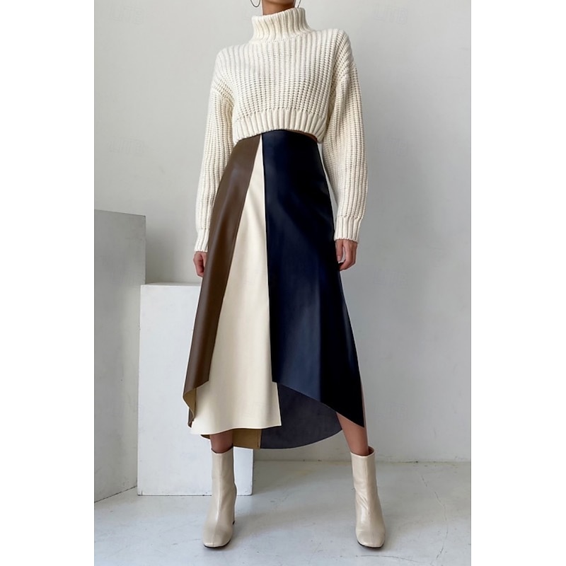 Women's Skirt A Line Fashion Casual Midi High Waist Skirts Color Block Patchwork Inelastic Street Daily Beige Spring Polyester Faux Leather3