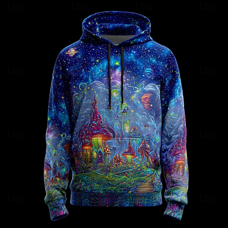 Men's Optical Illusion Mushroom Hoodie Sweatshirt Fashion Cool Crew Neck Home Party Streetwear Black Blue Drawstring Fall Winter Designer3