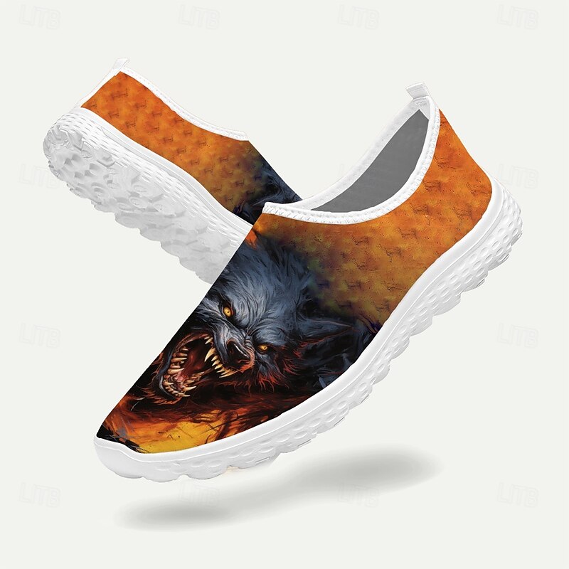 Men's Slip-On Sneakers with Fierce Werewolf Print, Lightweight Casual Shoes for Halloween Party Shoes and Walking4