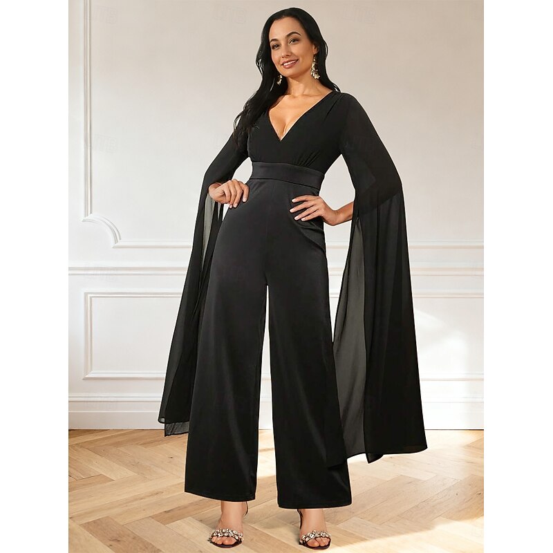 Jumpsuits Mother of the Bride Dress Formal Elegant Minimalist V Neck Off Shoulder Floor Length Chiffon Short Sleeve with Sash / Ribbon3