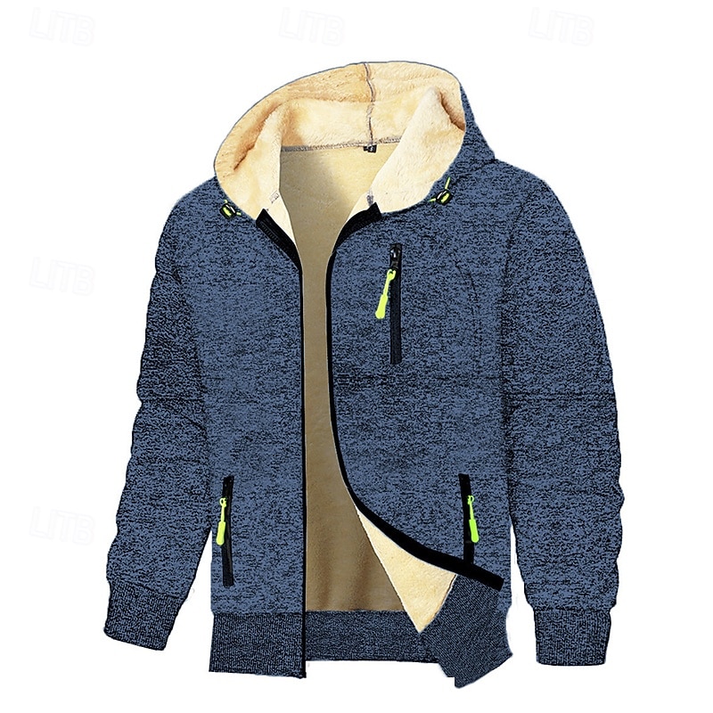 Men's Hoodie Full Zip Hoodie Fleece Hoodie Fleece lined Hoodie Denim Blue Black Navy Blue Dark Gray Hooded Plain Patchwork Zipper Color Block Sports & Outdoor Casual Daily Streetwear Cool Sportswear
