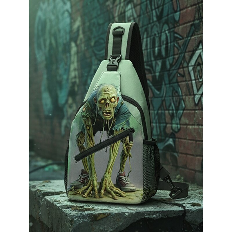 Men's Halloween Crossbody Sling Bag with Zombie and Skull Print, Casual Shoulder Chest Bag for Parties, Festivals and Daily Use