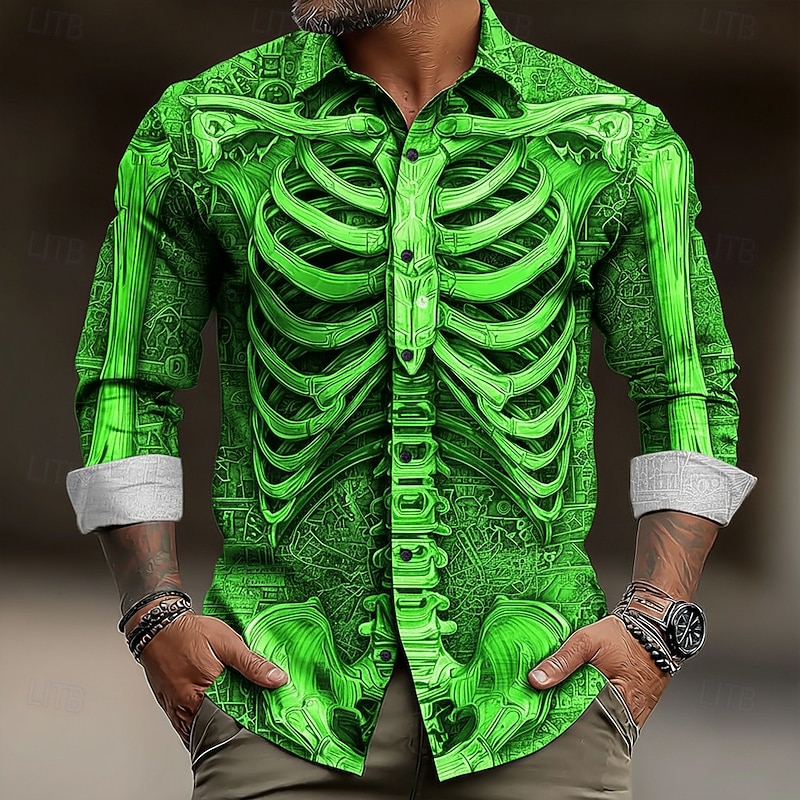 Halloween Men's Optical Illusion Skeleton Shirt Button Up Shirt Long Sleeve Dark Punk Gothic Style Outdoor Holiday Summer Spring Turndown 3D Print Collared Shirts Gold Brown Green Gray4