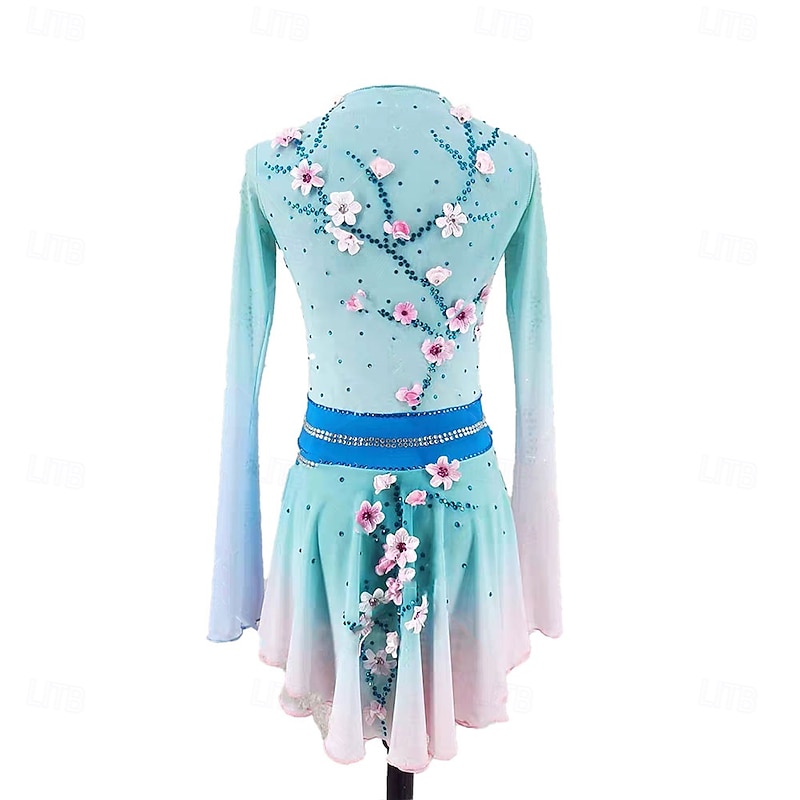 Figure Skating Dress Women's Girls' Ice Skating Dress Sky Blue Patchwork Asymmetric Hem Spandex High Elasticity Training Professional Competition Skating Wear Classic Crystal / Rhinestone Long Sleeve2