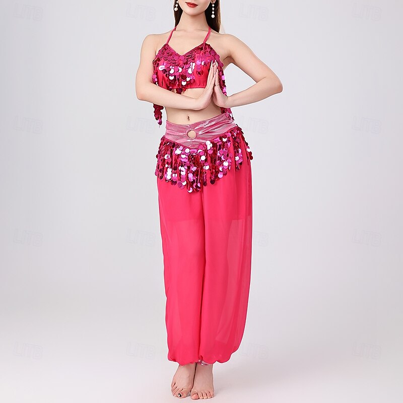 Belly Dance Top Pure Color Splicing Sequins Women's Performance Training Sleeveless High Polyester