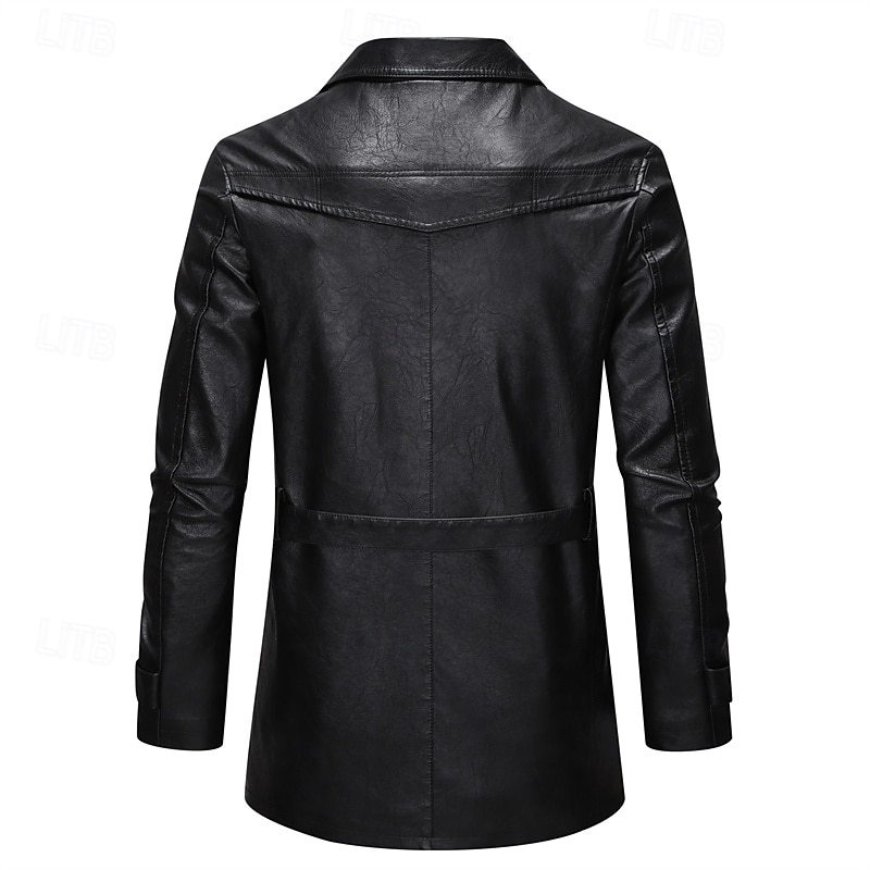 Men's Overcoat Trench Coat Long Trench Coat Vacation Daily Spring Fall PU Leather Windproof Outerwear Clothing Apparel Fashion Classic Plain Pocket Lapel Single Breasted3
