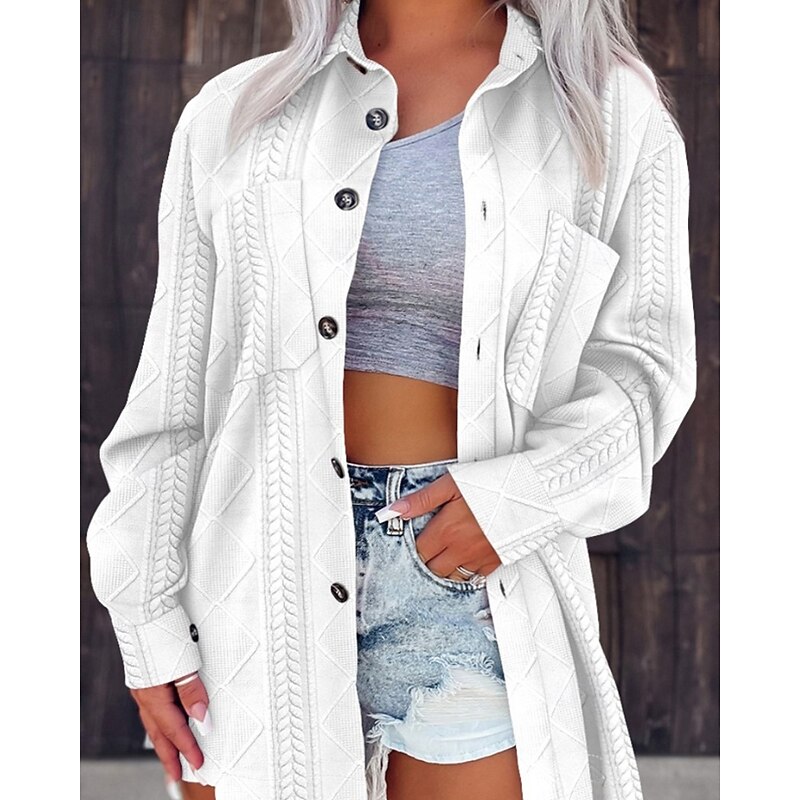 Women's Sweater Cardigan Streetwear Casual Solid Color Cable Shirt Collar Pocket Buttons Knitted Long Sleeve Regular Tops Knit Daily Holiday Going out Black White Fall Winter