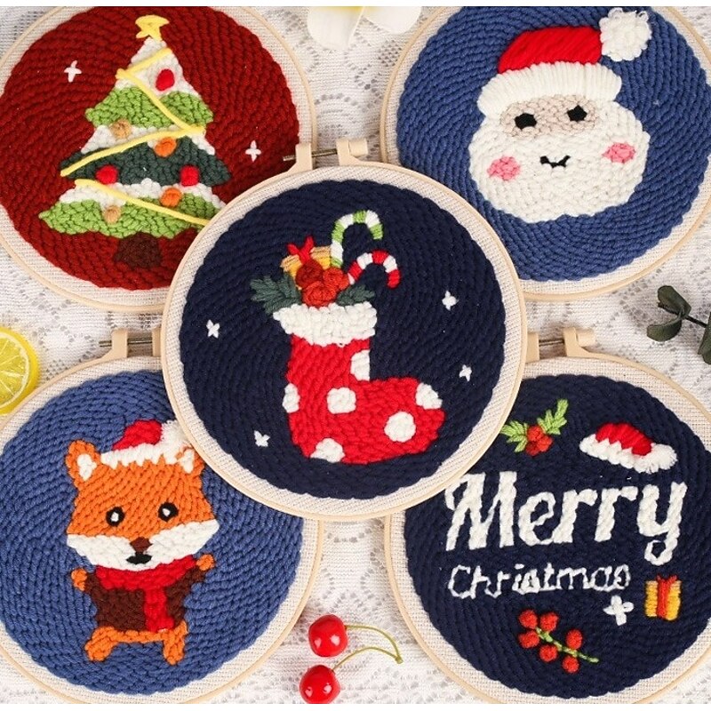 Christmas Embroidery Kits DIY Punch Needle Starter Set Beginner Handcrafted Needlework Kit Holiday Theme Fabric Material Pack Handmade Art Craft Supplies For Home Decoration Gifts