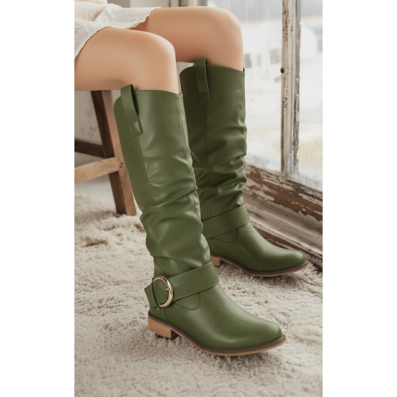 Women's Green Faux Leather Slouchy Western Boots with Buckle Detail - Knee-High Cowboy Style Boots for Casual and Boho Chic Outfits