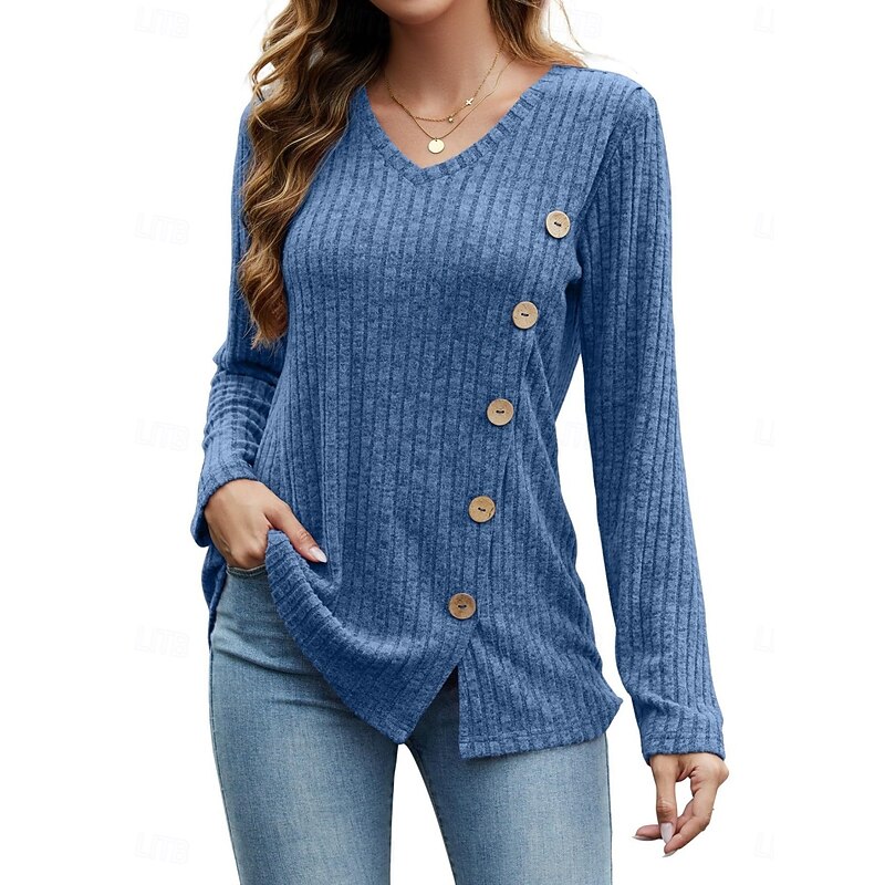 Women's Blouse Solid Color Stylish Casual Long Sleeve V Neck Regular Tops Daily Buttons Red Blue Green Apricot Spring Fall Winter4