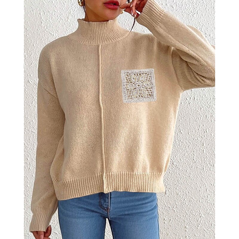 Women's Sweater Pullover Streetwear Casual Solid Color Turtleneck Knitted Long Sleeve Regular Tops Knit Daily Holiday Going out Black Khaki Fall Winter