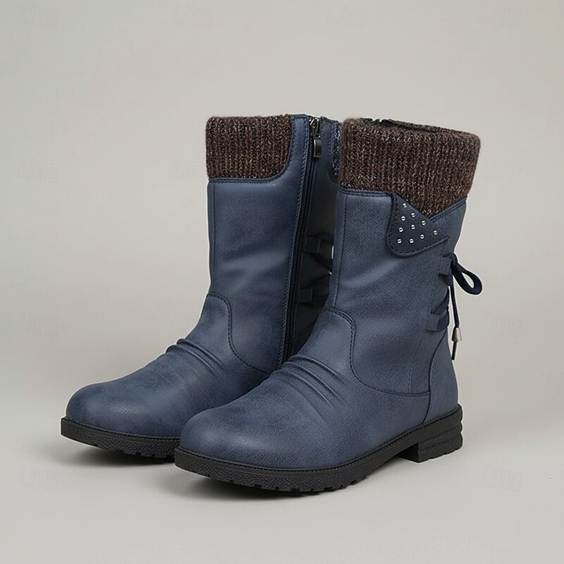 Women's Gray Suede Mid-Calf Boots with Knit Cuffs and Lace-Up Detail - Stylish Winter Boots with Side Zipper and Rugged Sole2