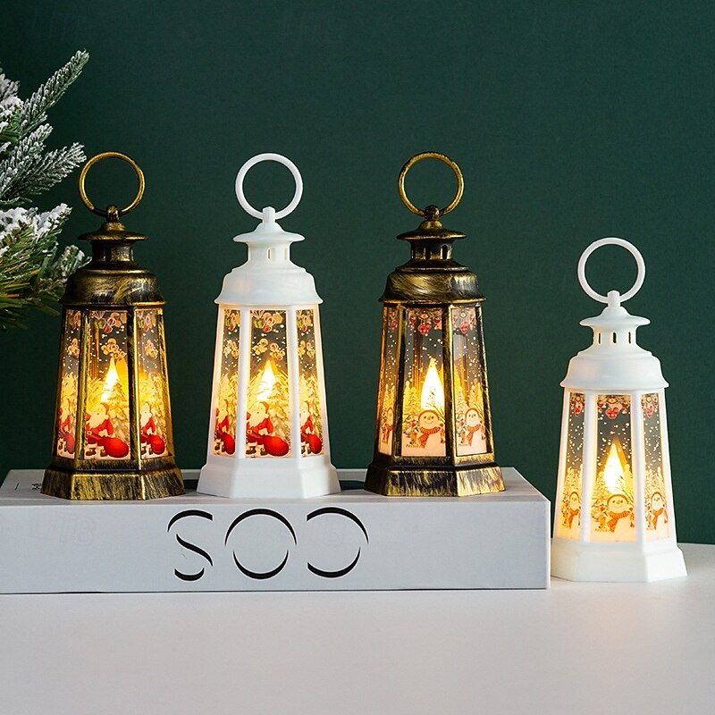 1 Pc 14.8 * 6.5CM Christmas Vintage Handheld Lantern LED Electronic Candle Light Indoor and Outdoor Party Desktop Decoration Pendant Light Snowman Santa AG13 * 3 Batteries
