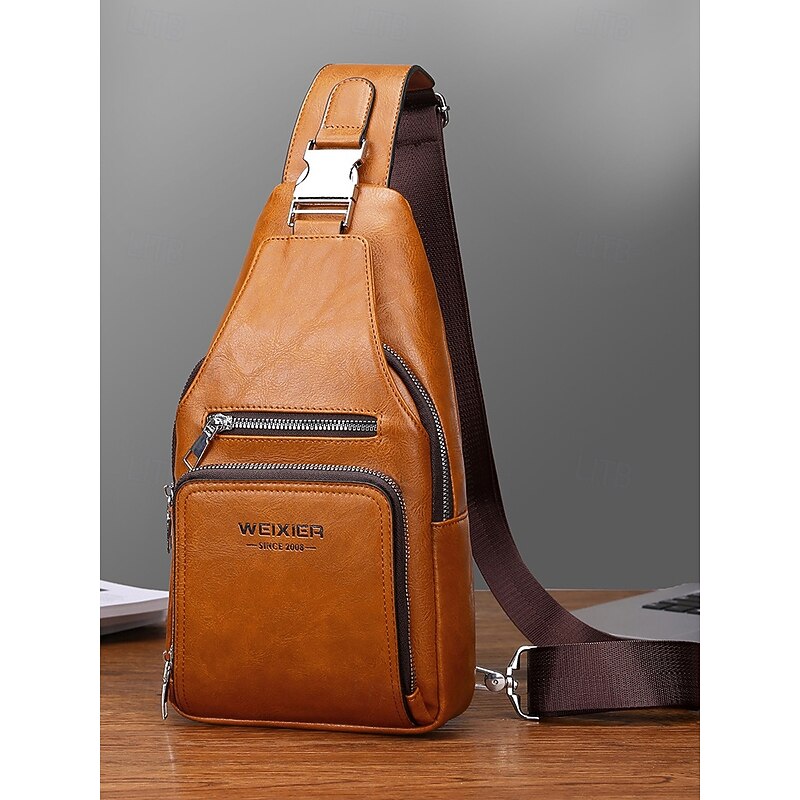 Men's Faux Leather Crossbody Sling Bag – Water-Repellent Scratch-Resistant Chest Shoulder Backpack for Casual Travel, Work and Outdoor Use