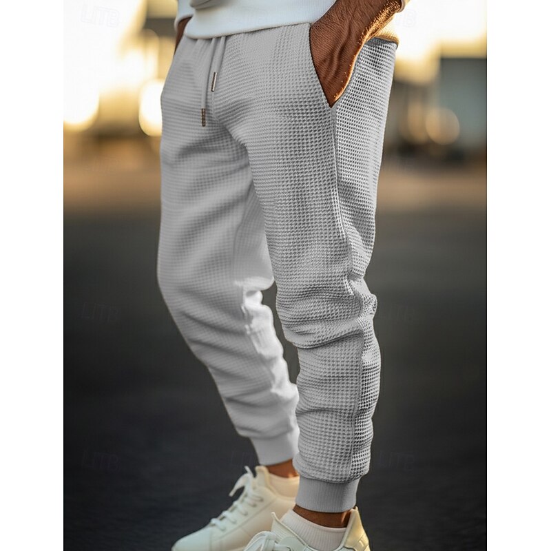 Men's Waffle Sweatpants Joggers Trousers Casual Pants Drawstring Front Pocket Plain Comfort Full Length Outdoor Home Daily Fashion Streetwear Black White Stretchy3
