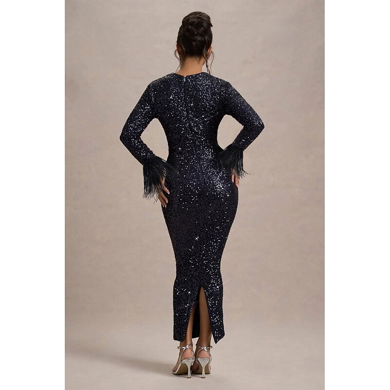Mermaid / Trumpet Evening Gown Elegant Dress Formal Semi Formal Gala Dress Wedding Floor Length Long Sleeve Crew Neck Stretch Sequined with Feather Sleeve2