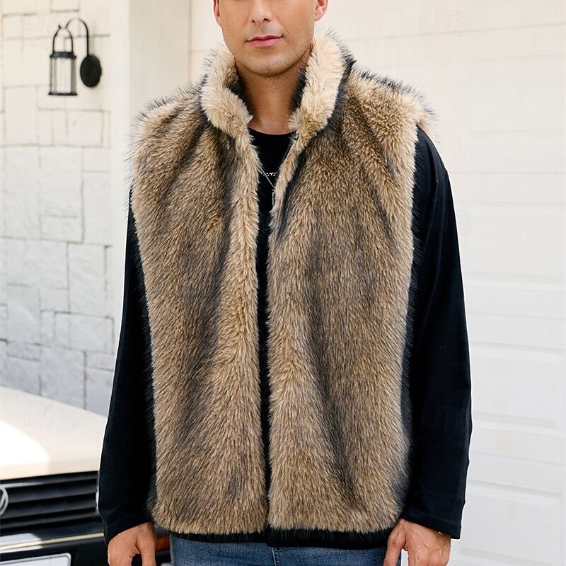 Men's Vest Faux Fur Gilet Outdoor Daily Fashion Casual Fall Winter Faux Fur Thermal Warm Comfortable Plain Standing Collar Regular Fit White Yellow Camel Gray Vest2