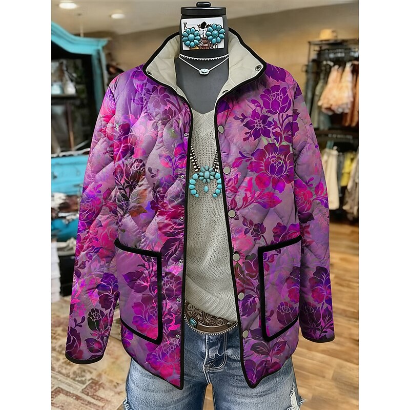 Women's Winter Jacket Quilted Jacket Warm Lightweight Print Active Vintage Artistic Boho Vintage Floral Casual Short Stand Collar Regular Fit Long Sleeve Outerwear Red Blue Purple Fall Winter3